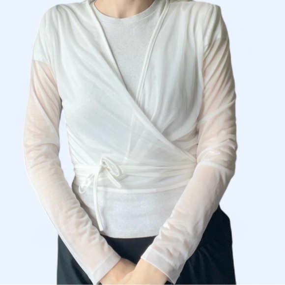 Powerline Womens White Ballerina Balletcore Wrap Long Sleeve Sheer Top Medium - Picture 3 of 8